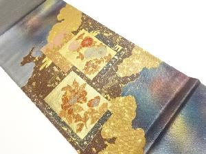 金彩螺鈿色紙に花々・雲模様袋帯